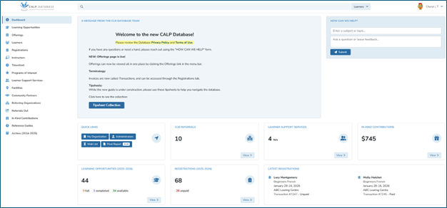 Image of the Database Dashboard