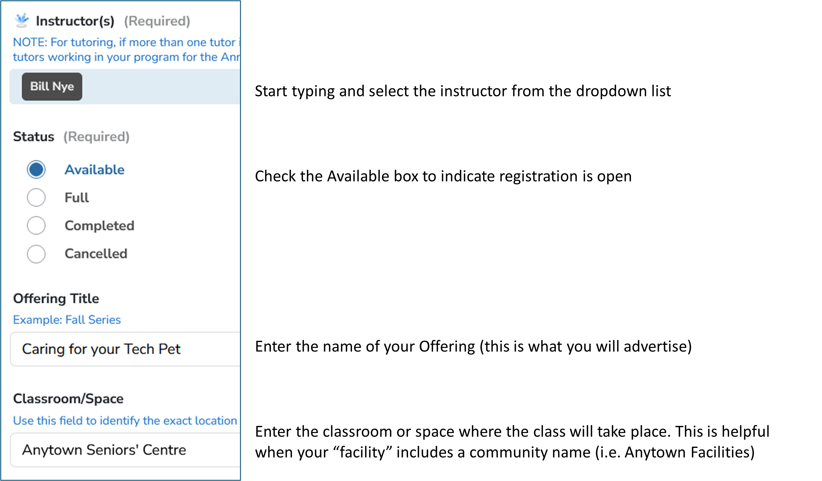 Add Offering Details: Instructor to Space