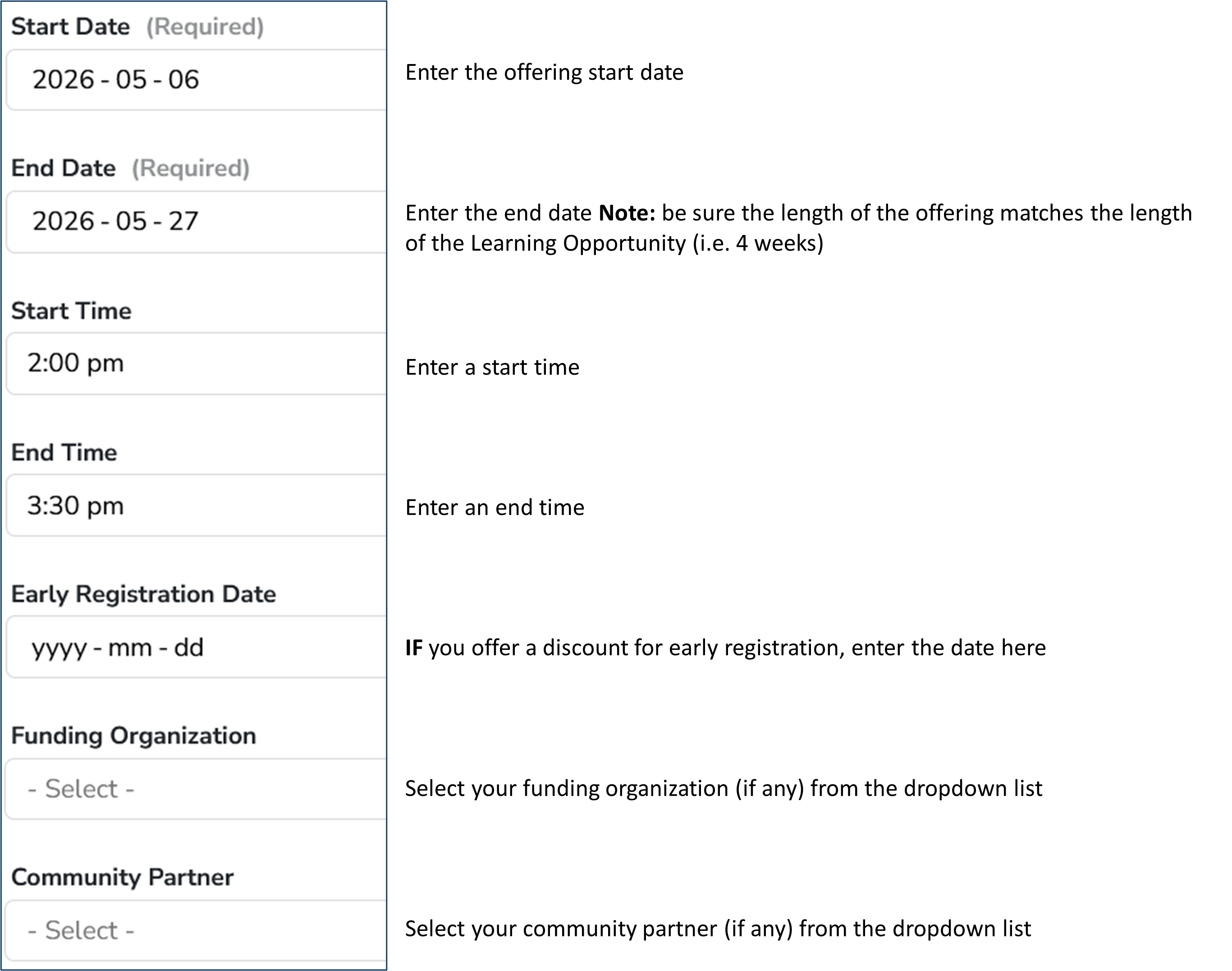 Add Offering Details: Start Date to Community Partner
